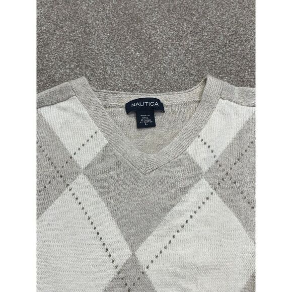 Nautica mens V-Neck pullover sweater sweater sz large cream argyle linen blend - Picture 5 of 12